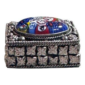 Vintage Millefiori Floral Silver Plated Trinket Pill Ring Box Art Glass Lid
